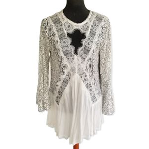 BoHo Lacy tunic top mini dress swim cover, flowy crochet lace, sz M